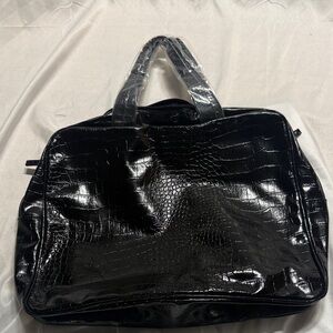 Saks Fifth Avenue Black Croc-Embossed Glossy Cosmetic Bag
